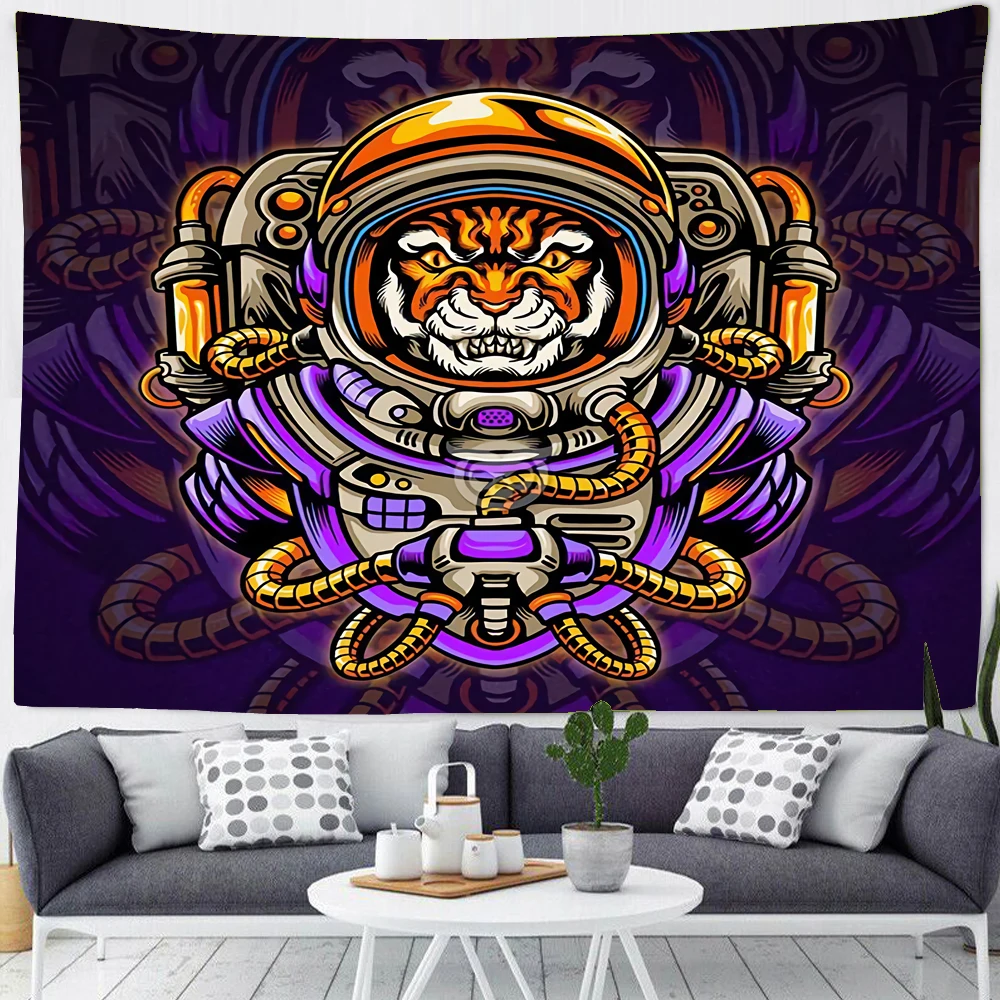 Psychedelic Anime Cartoon Ferocious Tiger Tapestry Bohemian Hippie Home Tiger Head Background Cloth Carpet Table Mat Decoration