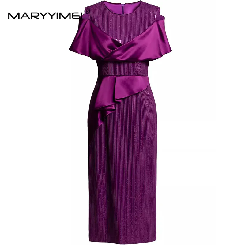 

MARYYIMEI Fashion Summer Women's Dress Short-Sleeved High Waiste Splicing Sequins luxury vintage Party L-5XL Dresses