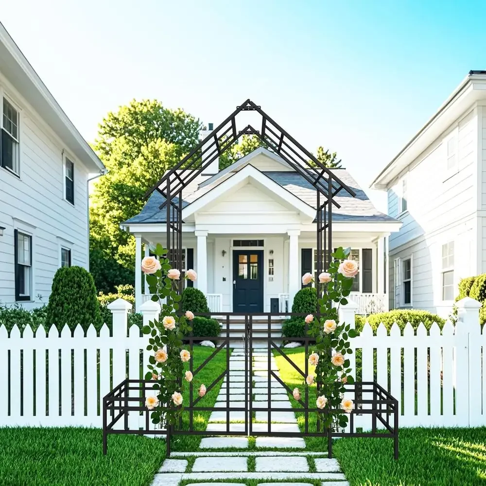 97 Tall Black Metal Garden Arbor Arch with Gate and Planter, Outdoor Climbing Plants Support for Weddings and Parties