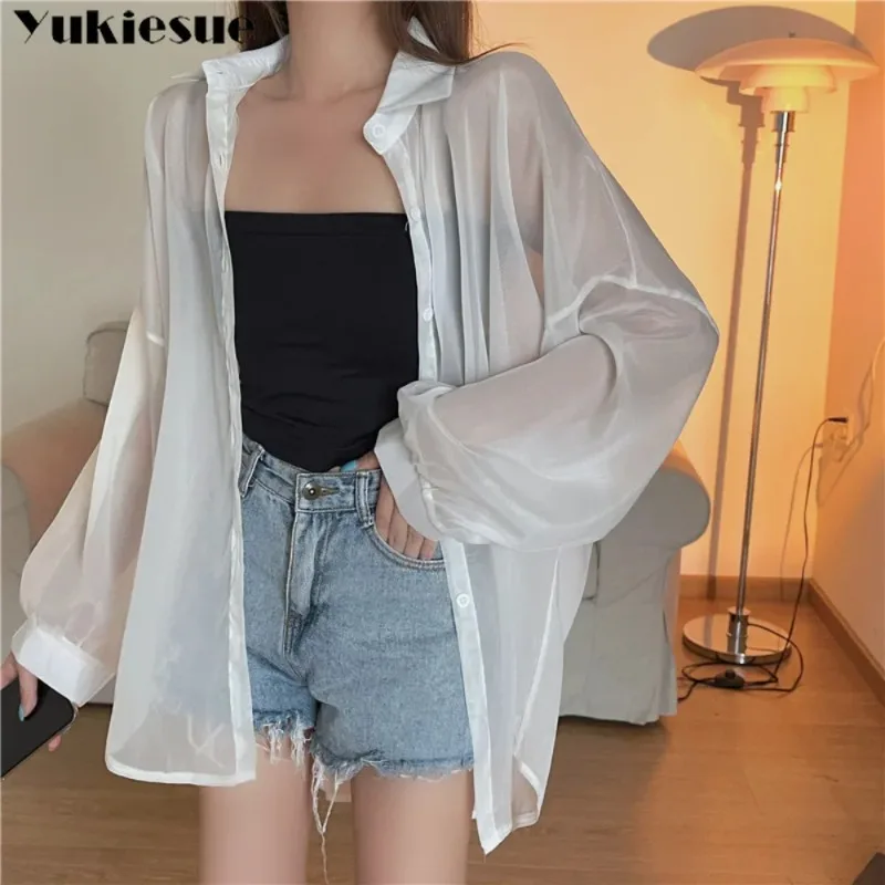 

Leisure Fashion Simple Pearl Sunscreen Shirt Thin Spring Summer Perspective Premium Solid Color Chiffon Top Commuting Design