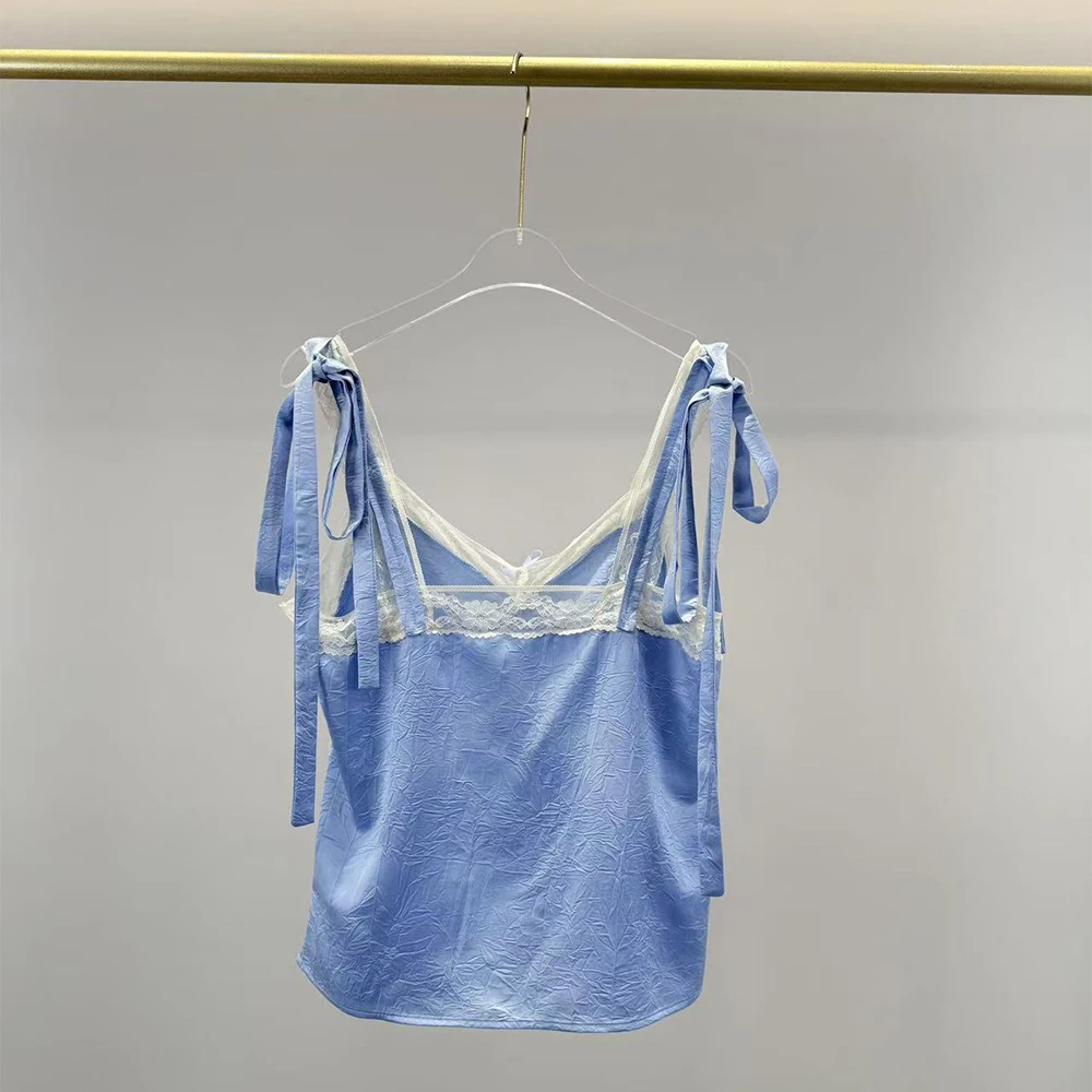 Women's Lace Trim Pleats Camisole Tie Shoulder V Neck Sleeveless Vest Button Front Casual Top Spring 2026 New Arrival  Y2K