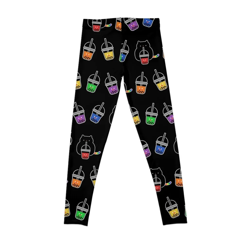 Kawaii Black Cat with Rainbow Bubble Boba Milk Tea Drink Leggings legging gym joggers for Womens Leggings