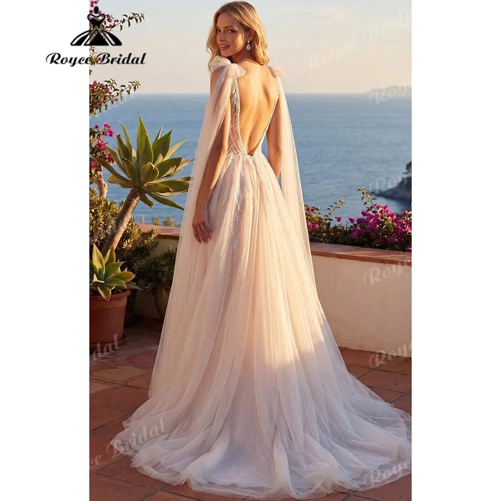 A-Line Tulle Wedding Dress Deep V Neck Cape Sleeves Leaf Lace Appliques Deep V Back Chapel Train Romantic Bridal Gown Customized