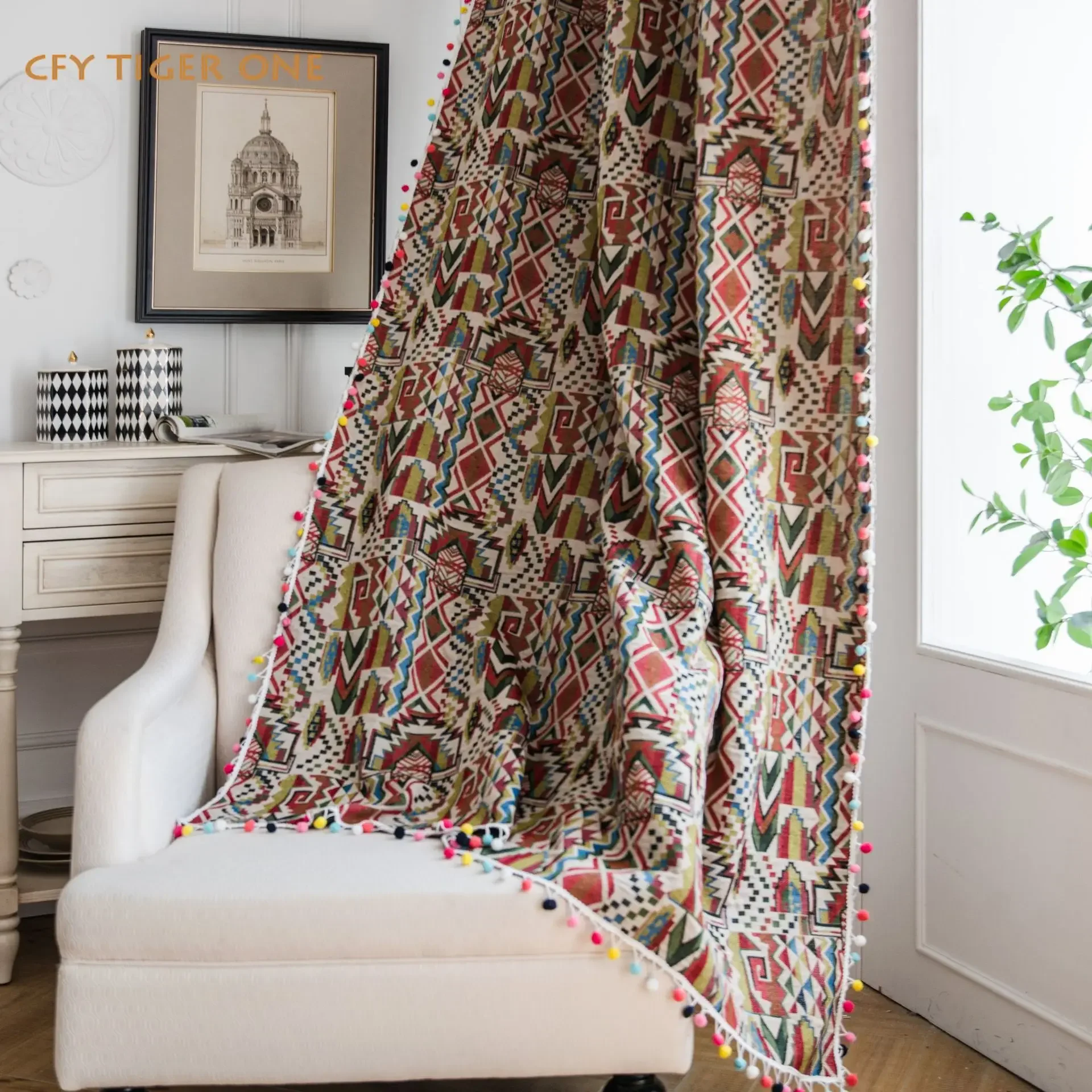 American Geometry Home Window Curtains Thick Tassels Drapes Curtains for Living Room Kitchen Valance Curtains for Living Room