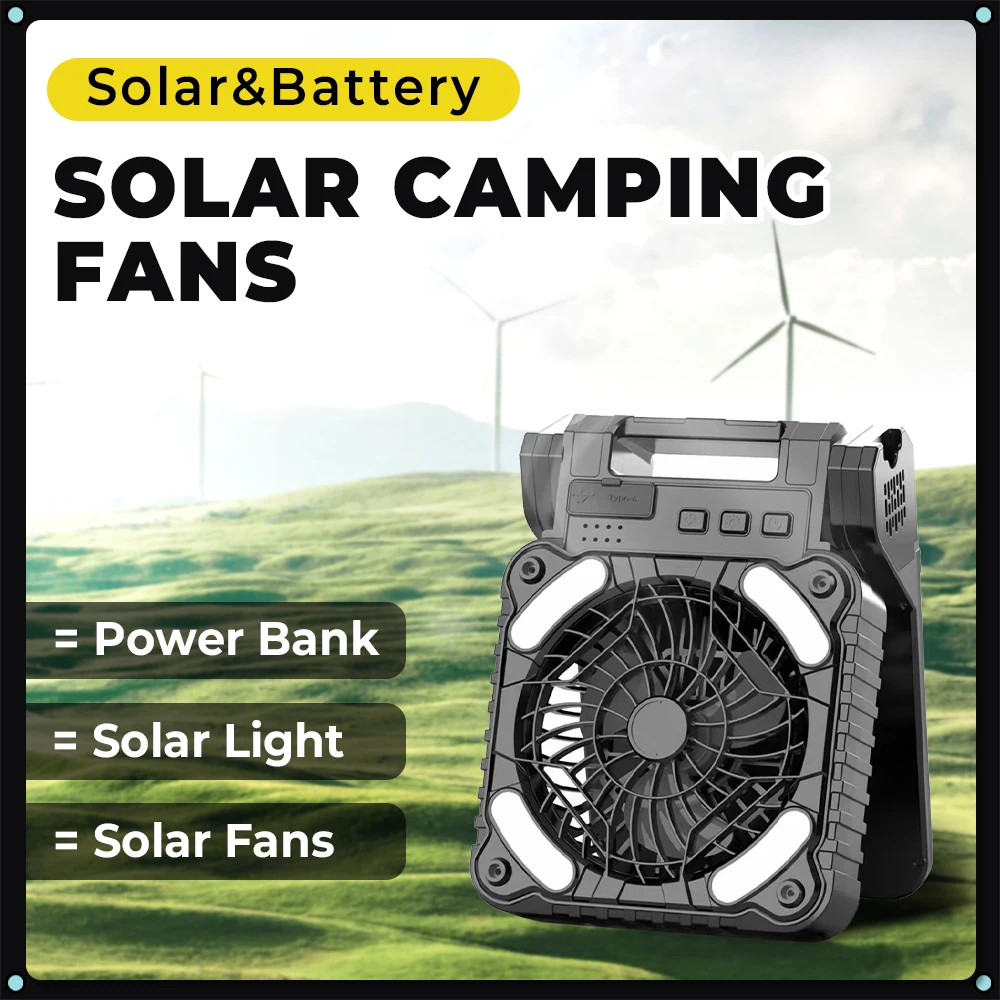 

Camping Fan With LED Light Battery Operated 5200mAh Solar Powered Timing 4 Speeds Wind Power Bank For Outdoor Travel Home Office