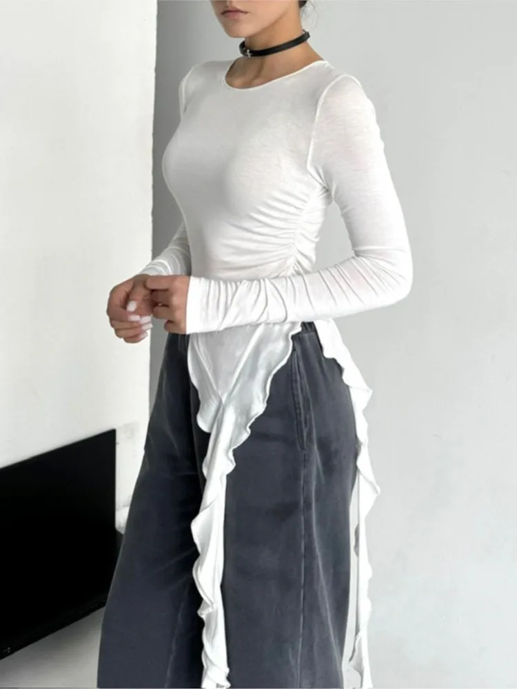 2025 Spring New Solid Color Knitted Top Fashionable Round Neck Long Sleeve Irregular Ruffle Design Slim Fit T-shirt Y2K Hot Girl