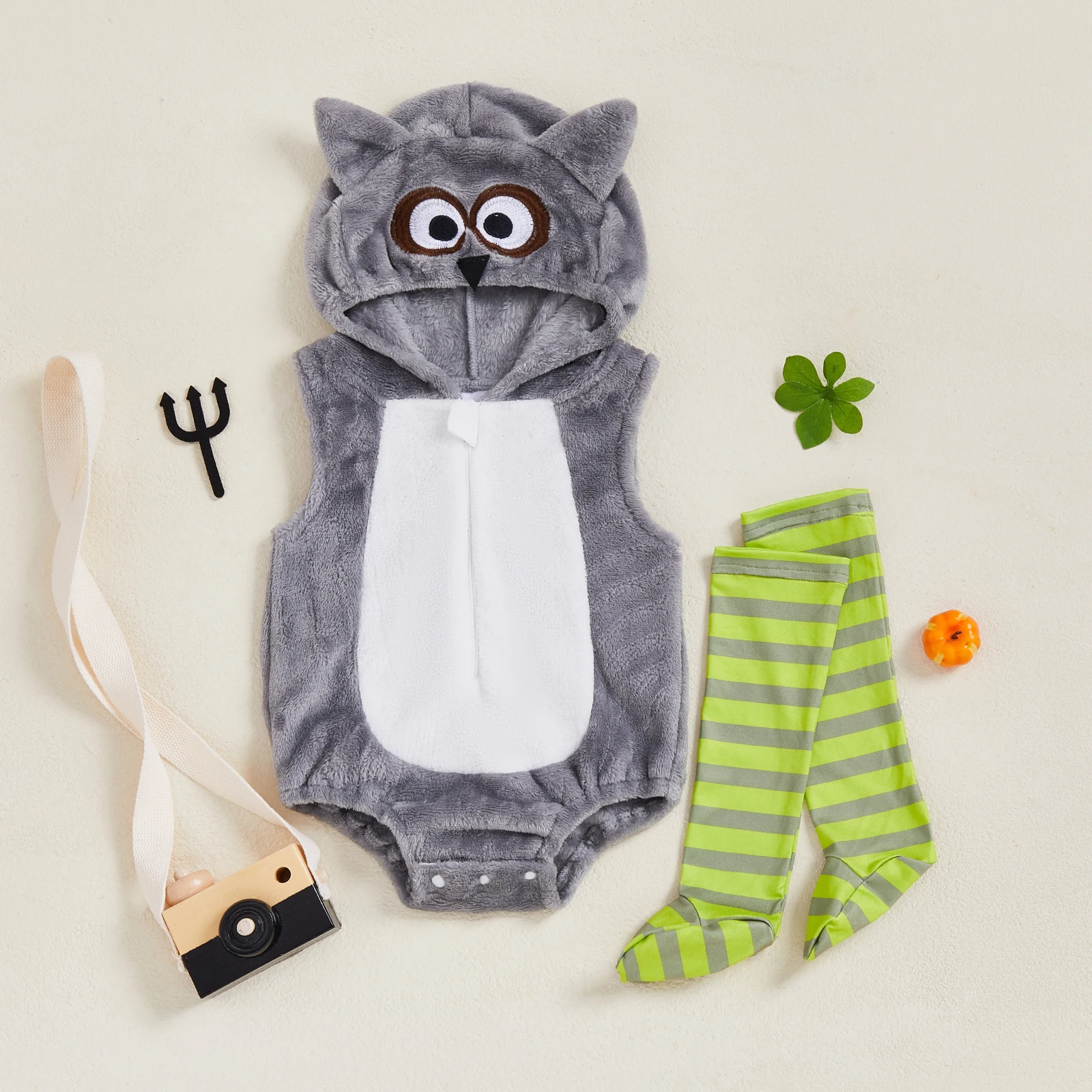 

VISgogo Baby Cosplay Costume Sleeveless Hooded Owl Romper with Striped Stockings Halloween Clothes for Girls Boys