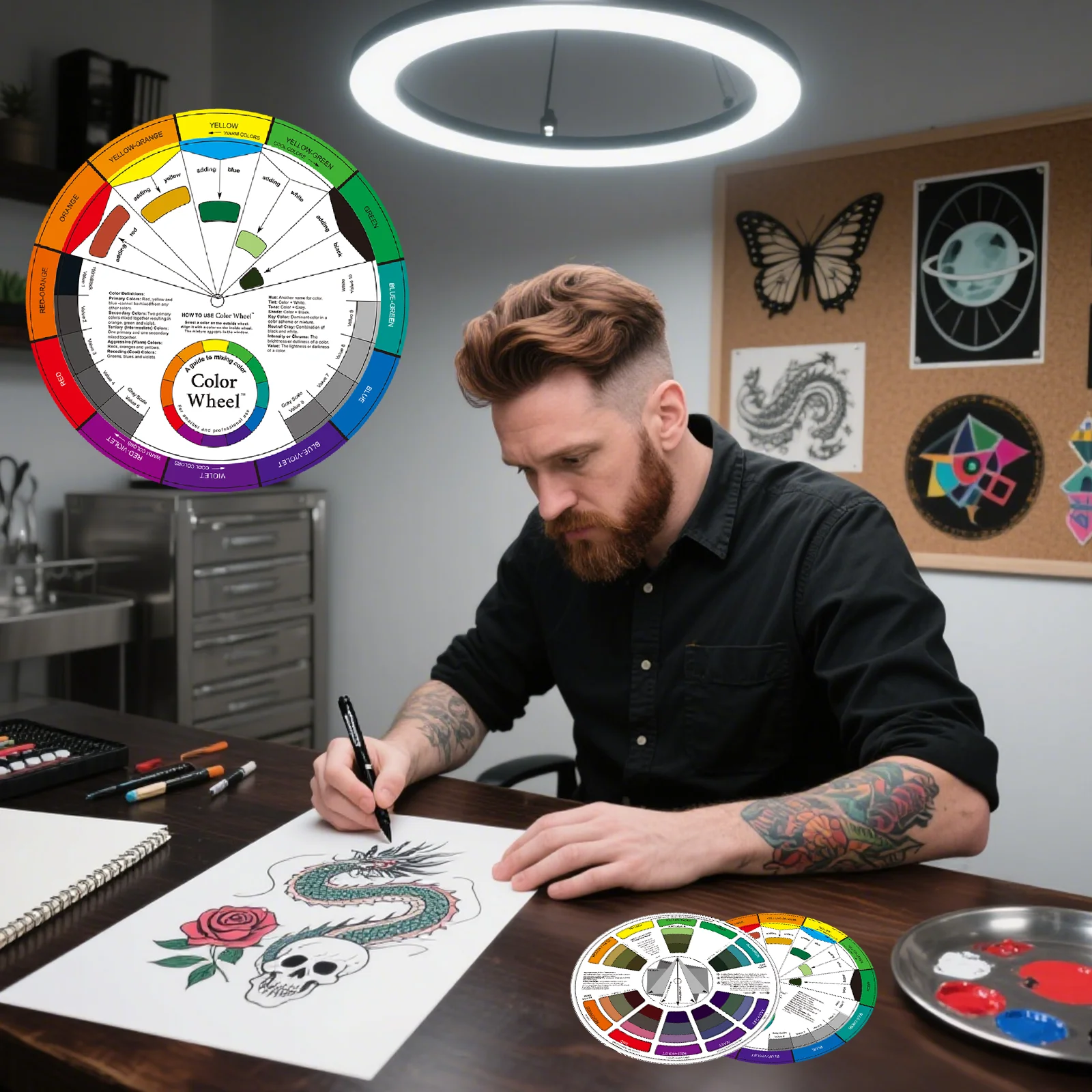 POSEIDON Angielski 12-kolorowy chromatyczny koło kolorów, trójstopniowa obrotowa karta kolorów do makijażu permanentnego i tatuażu.