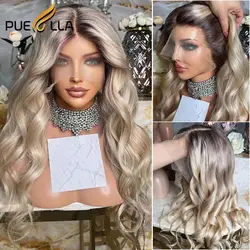 Ombre Ash blond koronki przodu włosów ludzkich peruk dla kobiet Preplucked przejrzyste luźne głębokie koronkowa fala Frontal peruka kolorowe peruka z ludzkich włosów