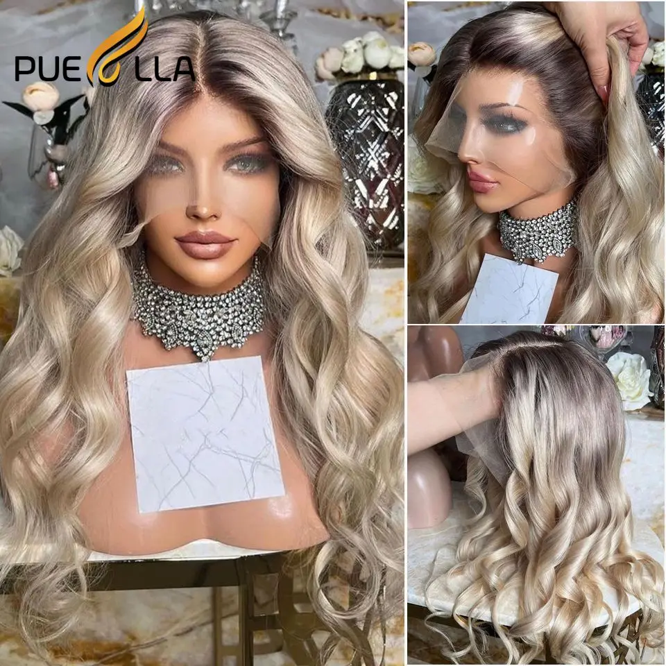 Ombre Ash Blonde Lace Front Human Hair Wigs For Women Preplucked Transparent Loose Deep Wave Lace Frontal Wig Colored Human Wig