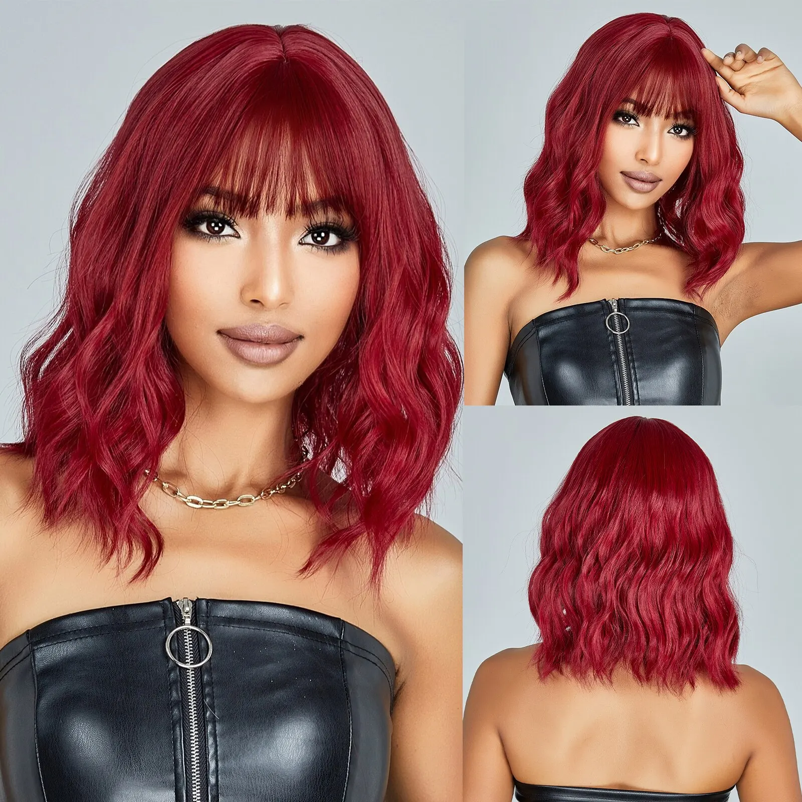 Women's Short Wavy Bob Synthetic Wig with Bangs, Brown