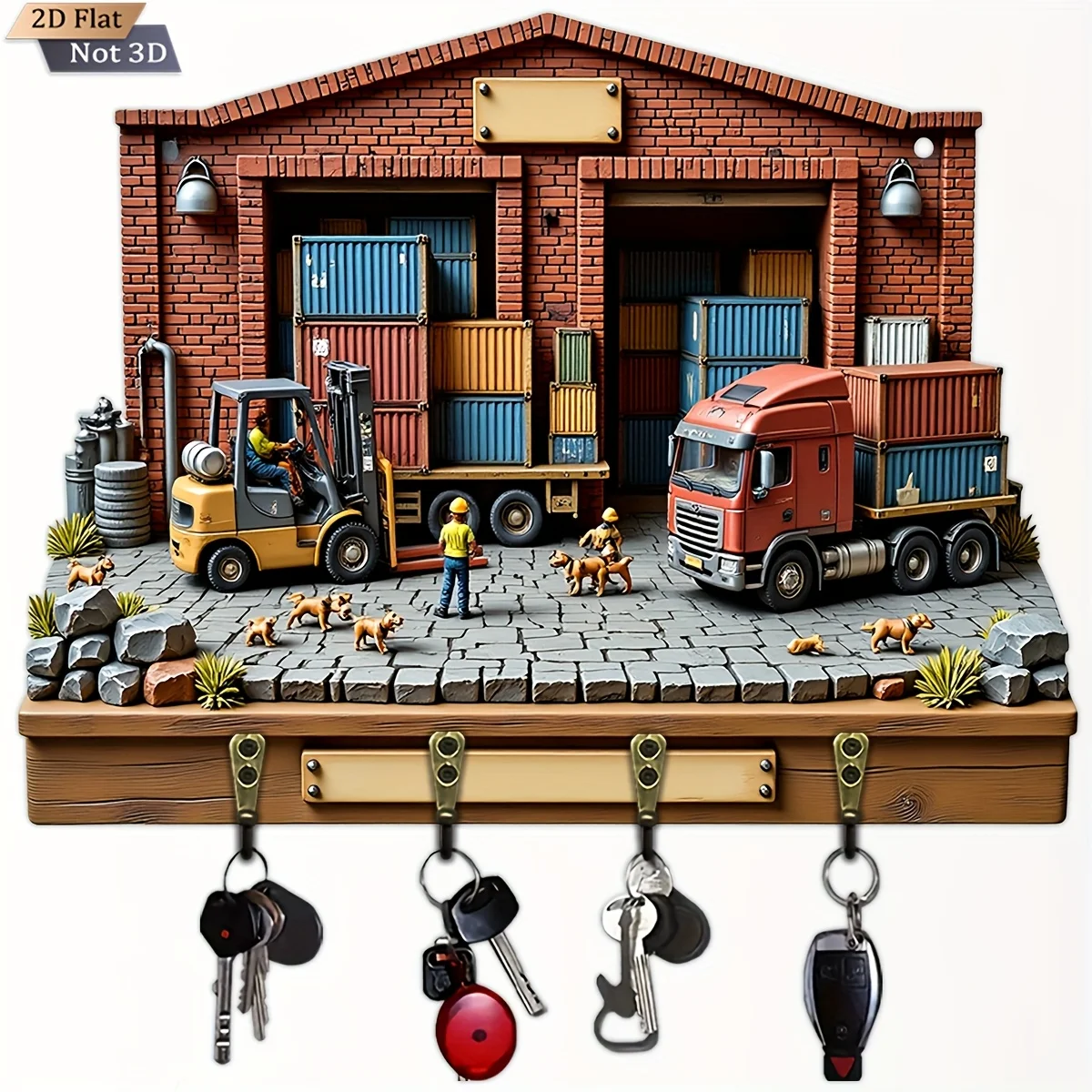 2D Flat, 1pc, entrance key hook wooden multi-functional home key rack, with four metal hooks, wall decoration, porch