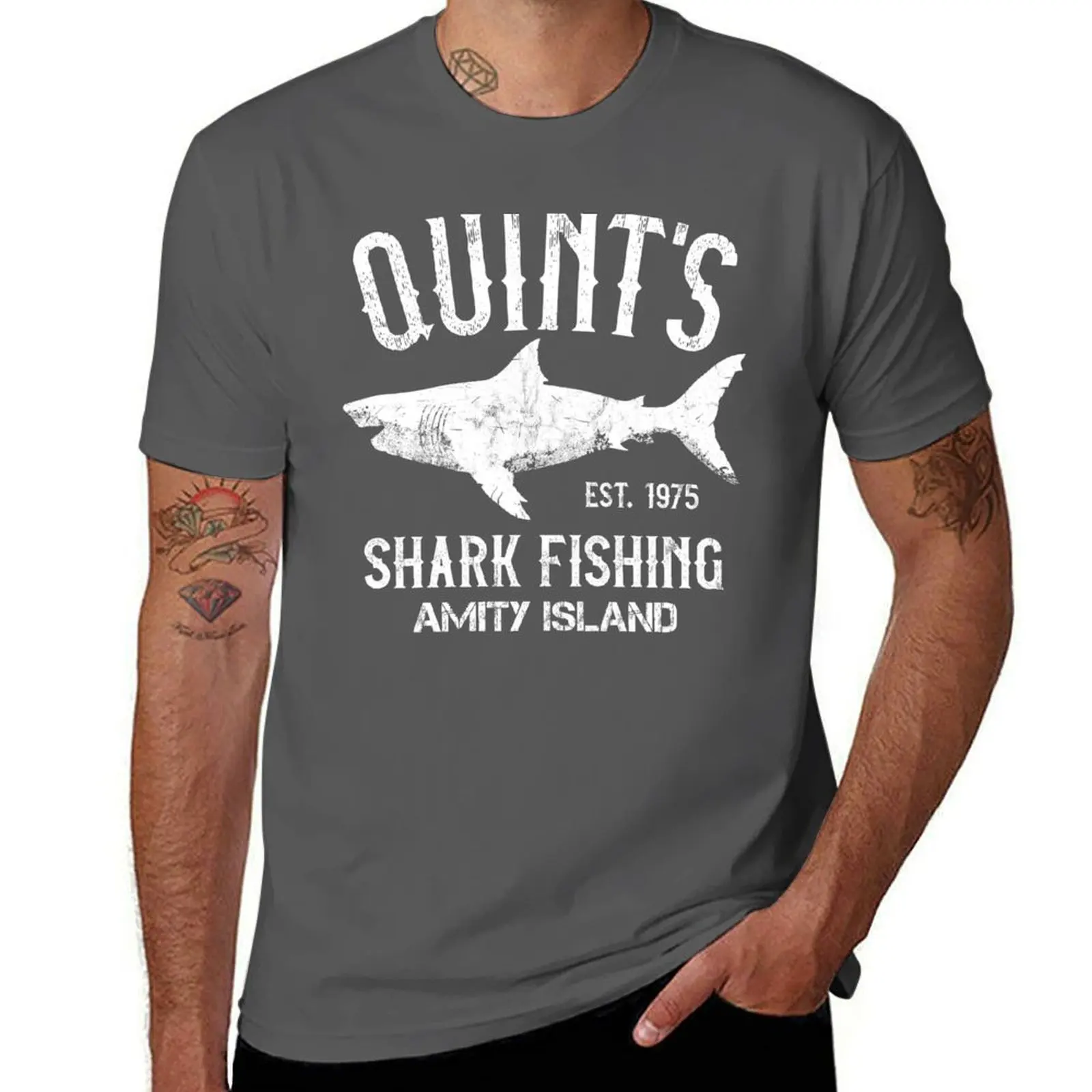 Quint's Shark Fishing - Amity Island 1975 T-Shirt summer tops baggy shirts graphic shirts designer t shirt men