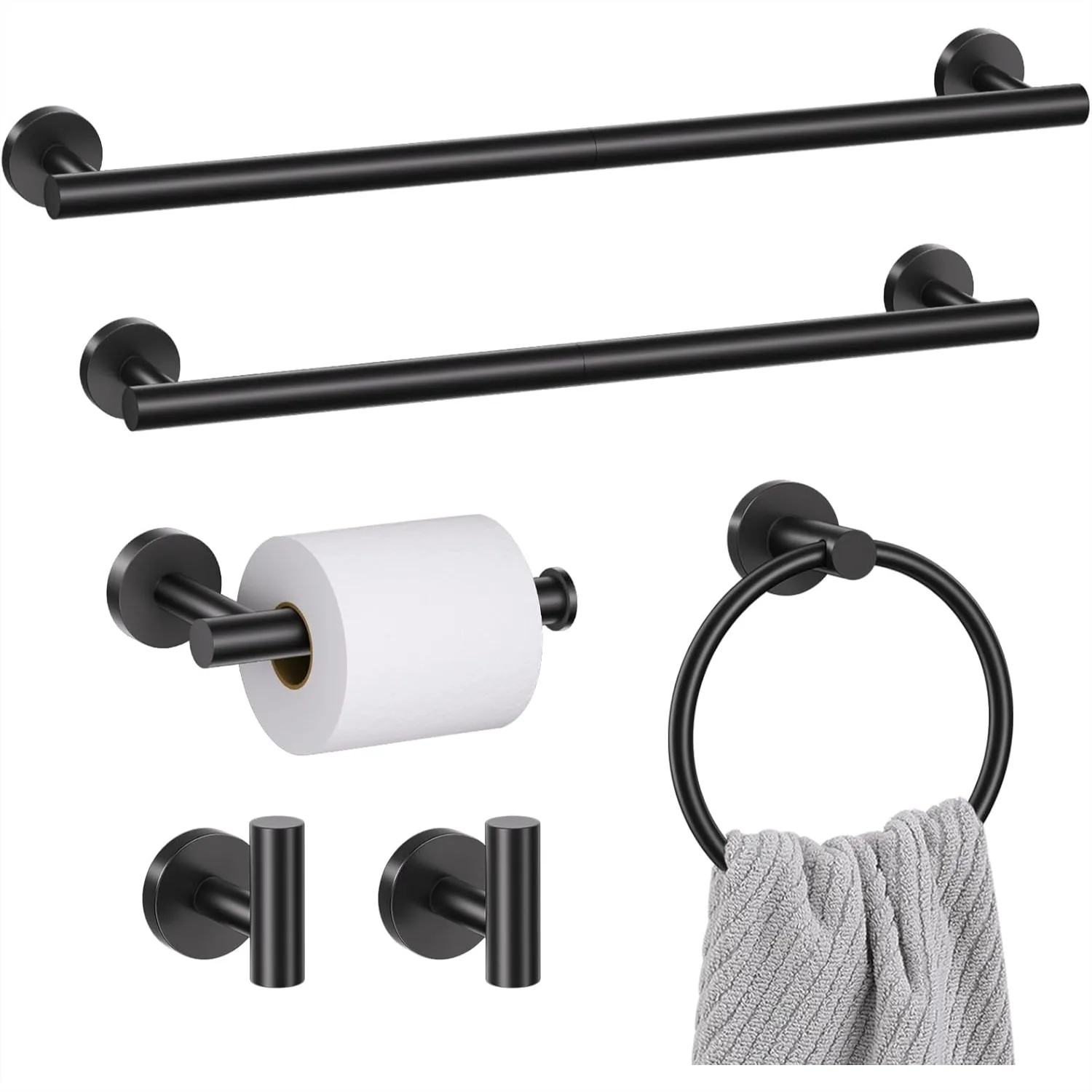 

6 Pieces Matte Black Towel Bar Bathroom Hardware Set, SUS304 Stainless Steel Towel Racks, 23.6Inch Towel Holder Set with Ring,