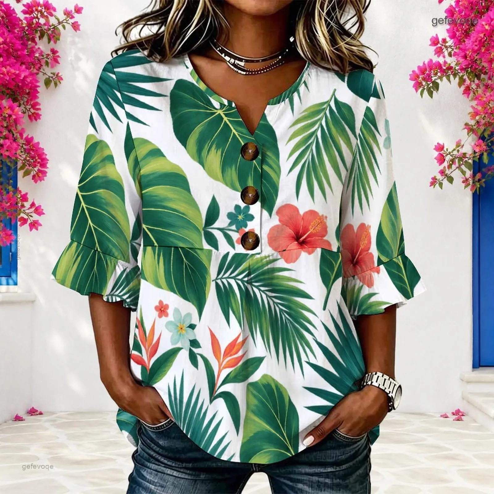 Women Tropical Leaf Hibiscus Floral Printed Notch Neck 3/4 Ruffle Sleeve Button Front Blouse
