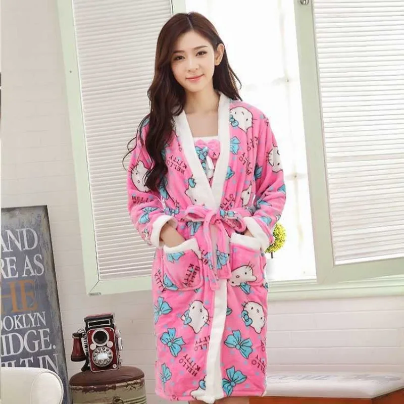 Sanrio Hello Kitty Cute Plush Robe and Fluffy Nightdress Anime Print Accessories Women\'s Autumn Kawaii Coral Fleece Bathrobe Set