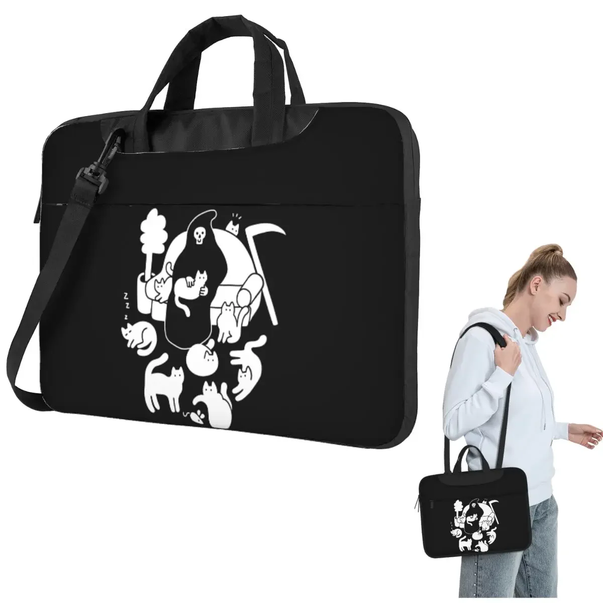 

Death And His Cats Crossbody Laptop Bag Case Computer Bag Resistant Protective Notebook Pouch for Macbook Pro
