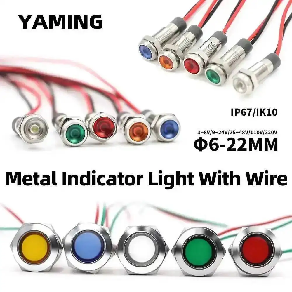 

Metal Indicator Light LED 6/8/12/16/19/22mm Single Color Waterproof Illuminate Signal Lamp 3-6V 24V 2220V