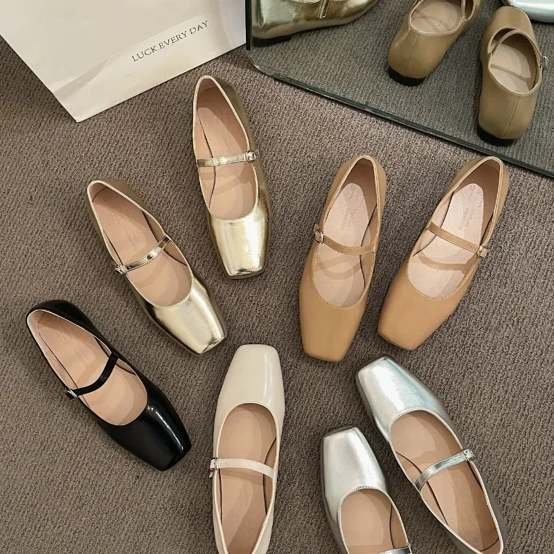 Spring Autumn Fashion Square Toe Ballet Shoes Mary Jane Shoes Low Heel Casual Silver Shallow Buckle Soft Sole Shoes Womens Shoes