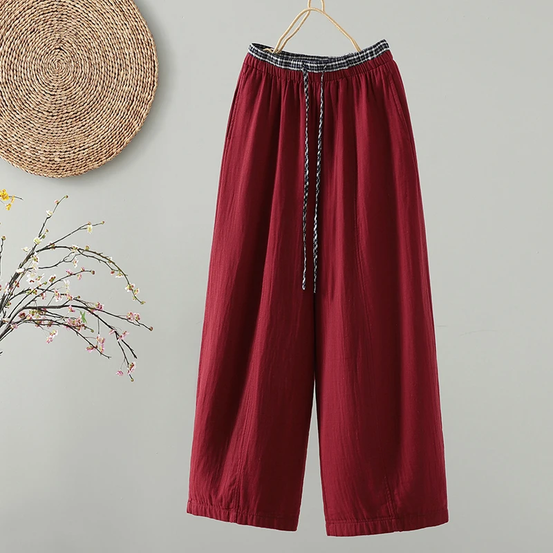 Retro Contrast Color Double Gauze Diagonal Wide Leg Pants Women's Autumn Elastic Waist Belted Slimming Casual Cotton Linen St...