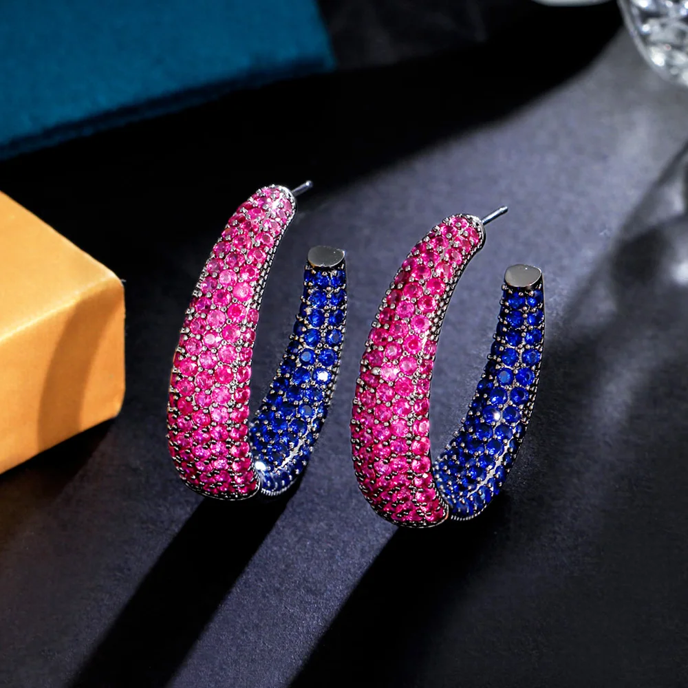 CWWZircons Luxury Red Blue Cubic Zirconia Pave Big Round Circle Hoop Earring Engagement Party Jewelry Gift for Women CZ807