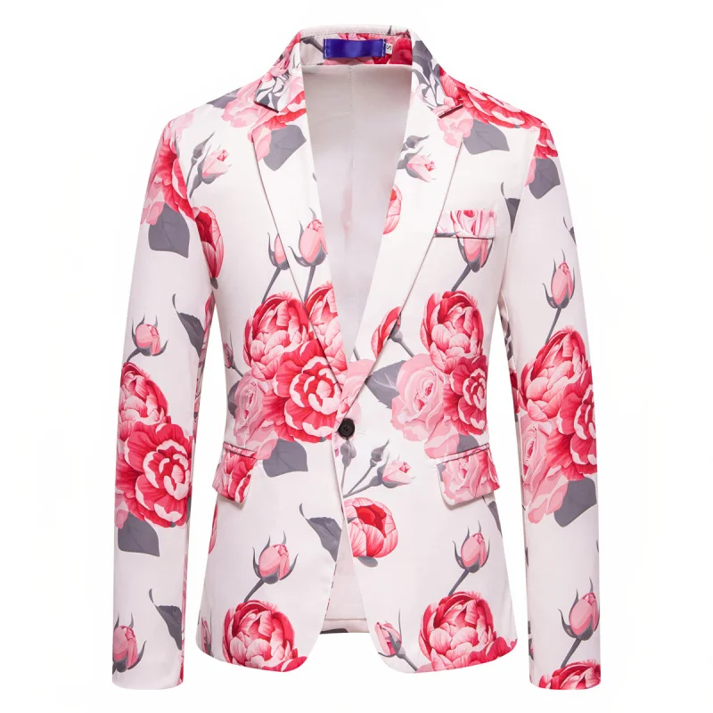 

Модный мужской костюм с принтом роз, повседневный, для выступлений, молодежный, с одной пуговицей, нейлоновый, не требует глажки