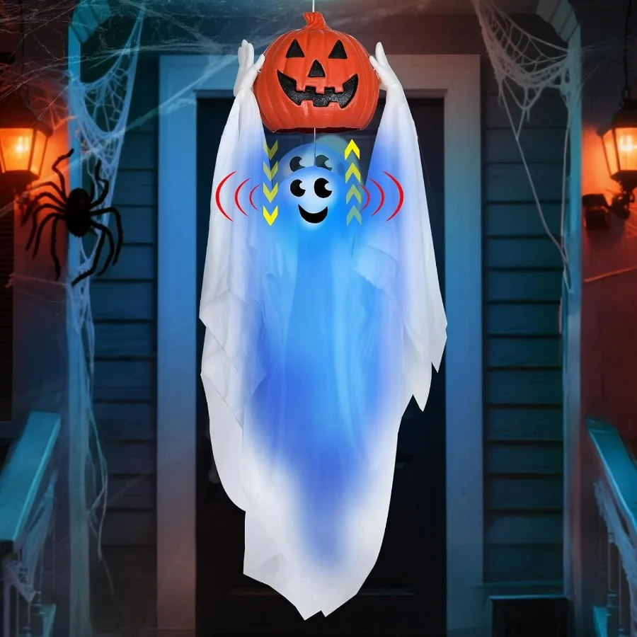 Sonido activado 43 Animatrónica de Halloween Fantasma colgante sosteniendo calabaza con luz azul y efectos de sonido espeluznantes para exteriores Ya