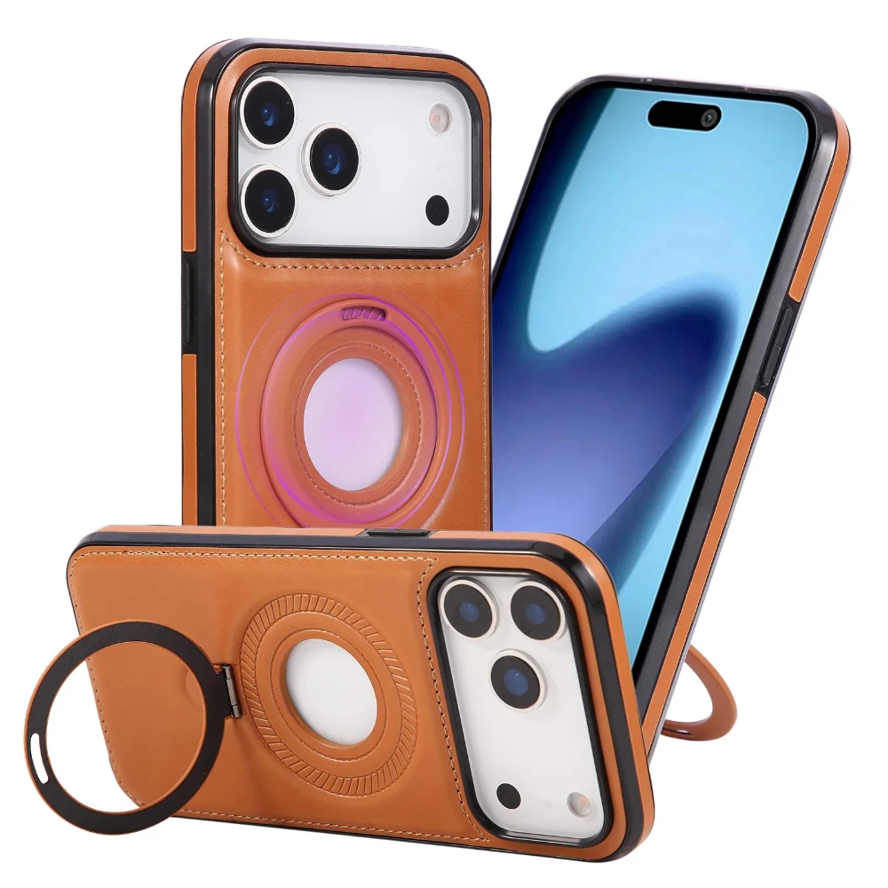 

Magnetic Suction Phone Case for iPhone 17 Pro Max Air 16E 16 Plus 15 Pro 14 13 12 11 Plain Leather Invisible Ring Holder Cover