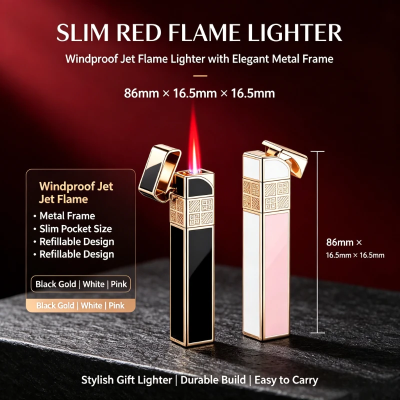 

New New Summer Windproof Butane Lighter Long Portable Metal Red Flame Square Refillable for Camping BBQ Hiking Tool
