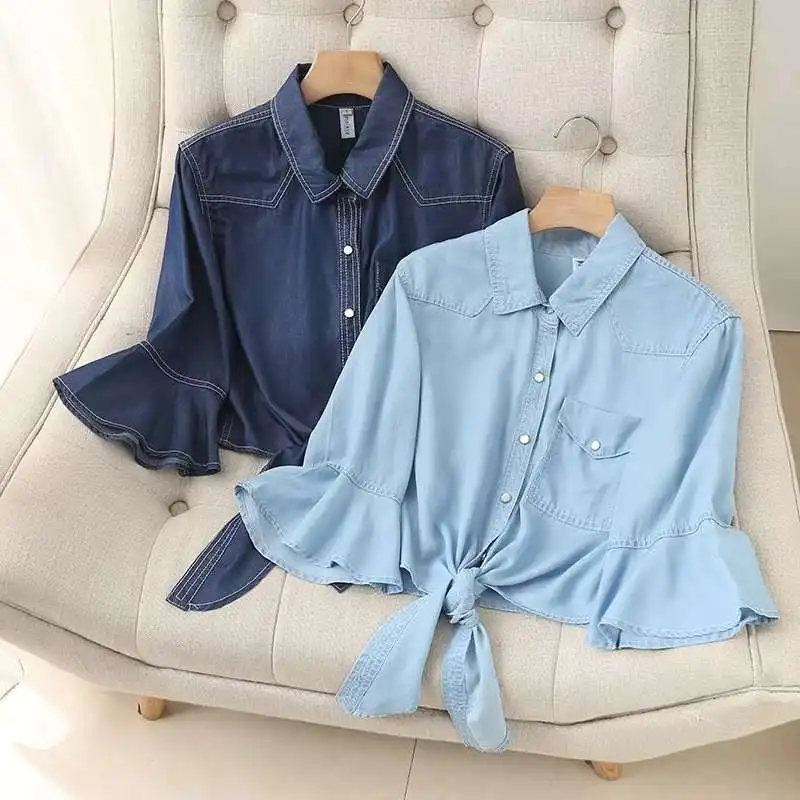 

Весенне-осенний новый корейский тонкий свободный шелковый джинсовый шил, женский тройник с узлом, ультра-одлина, Batwing Sve