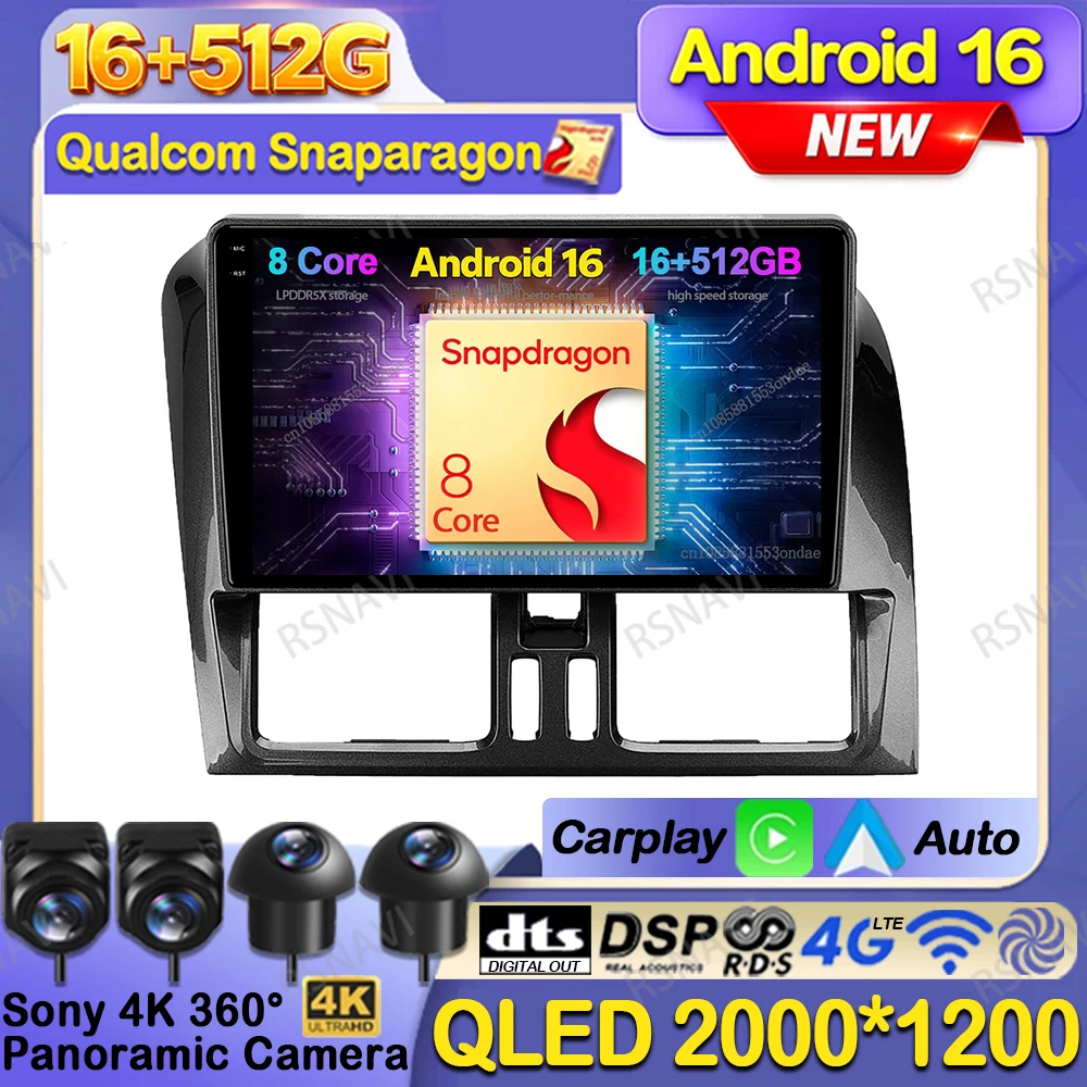 Radio para Auto Android 16 para Volvo XC60 Que 1 2008 - 2017 Qualcomm Reproductor de Video GPS DVD Carplay Inalámbrico Auto BT DSP Autoradio QLED