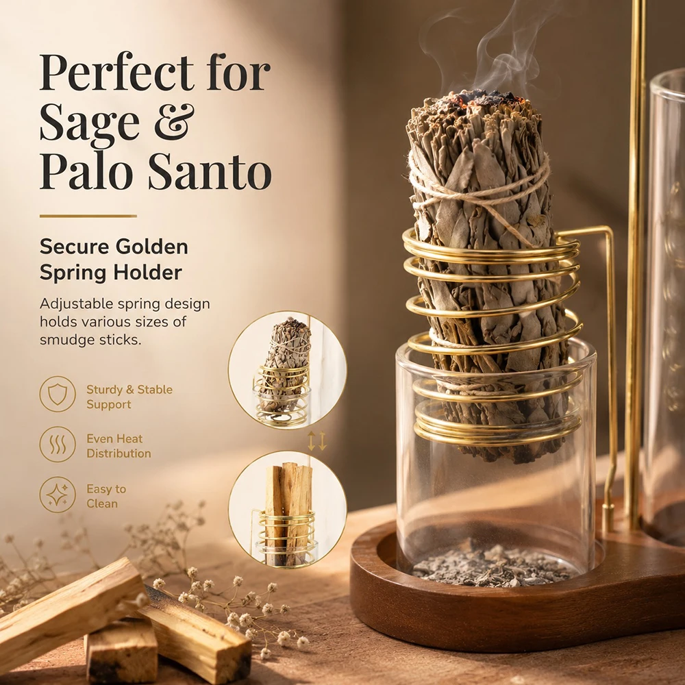 3 in 1 Incense Stick Holder Anti-Ash Palo Santo Holder Metal Sage Holder Burner with Glass Ash Catcher for Meditation Yoga Spa