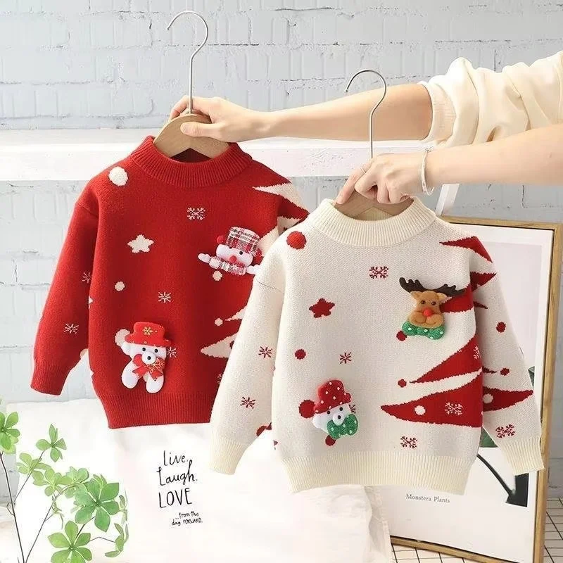 New Kids Christmas Sweaters Winter Girls Print Knit Clothes Children Xmas Cotton Pullover Autumn Warm Knitwear Tops 1-6 Years