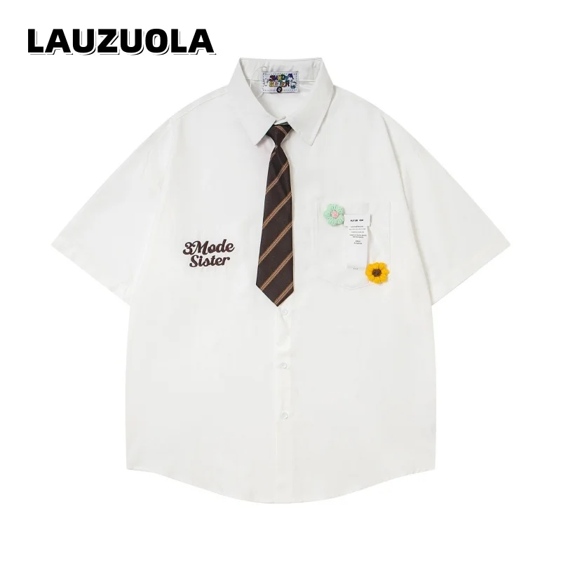 Preppy Style White Short Sleeve Shirt Women With Striped Tie Flower Decoration Embroidery Button Down Blouse Casual Loose Tops