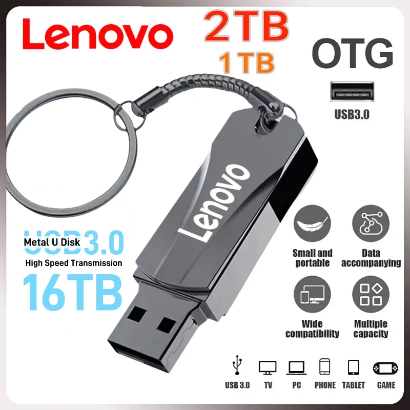 

Lenovo 16 ТБ 1 ТБ USB-накопитель 3,2 Металлический высокоскоростной флэш-накопитель 2 ТБ 512 ГБ Водонепроницаемый USB-накопитель Type-C для компьютера, телефона Mac