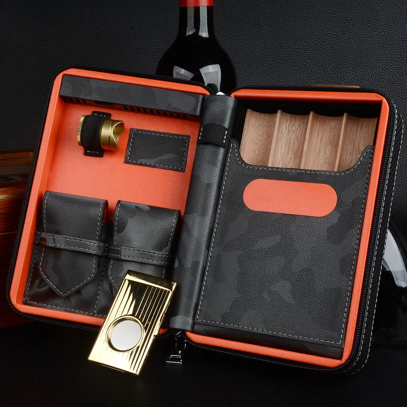 Leather Cigar Case Travel Cigar Humidor With Metal Cigar Cutter Excellent Bronze Cigar Holder With Punch Wood Tray Cigar Box