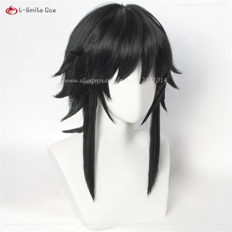 Tomioka Giyuu pelucas de Cosplay de Anime para hombres, pelo sintético resistente al calor, negro y esponjoso, 40cm de largo, Cosplay de Halloween, gorra de peluca