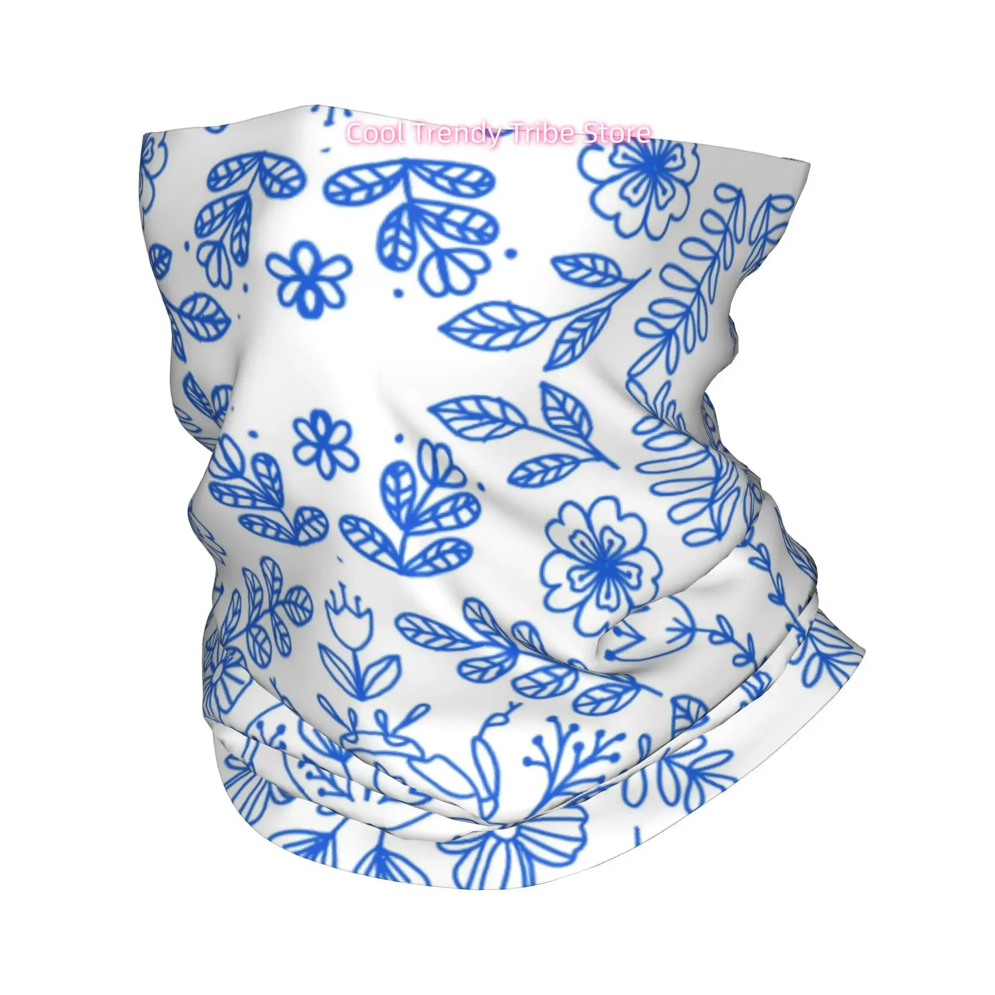 Blue Line Retro Scarab Flower Line Art Scarab Artistic Folk Style Novelty Head Scarf Bandana for Women Boho Floral Hair Wrap Sum