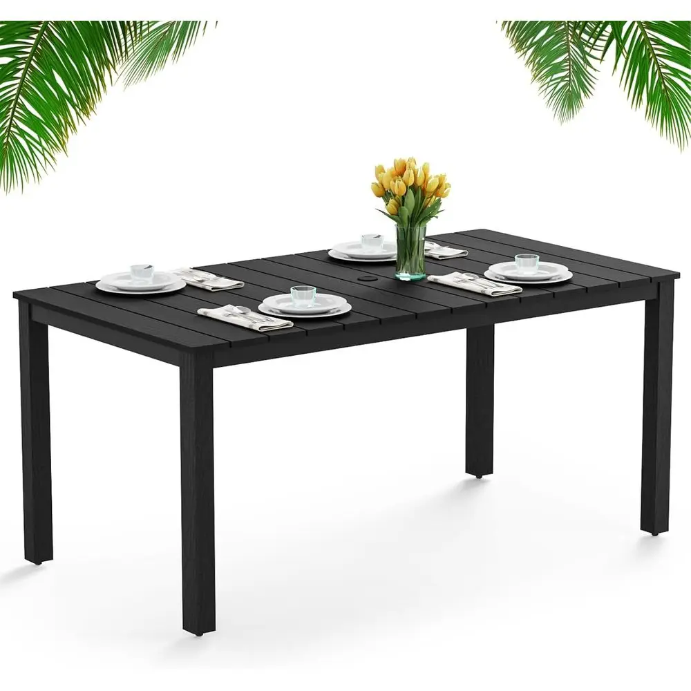 

63 Rectangular Outdoor Dining Table with 2 Umbrella Hole, Suitable for Patio, Deck, and Poolside, Black