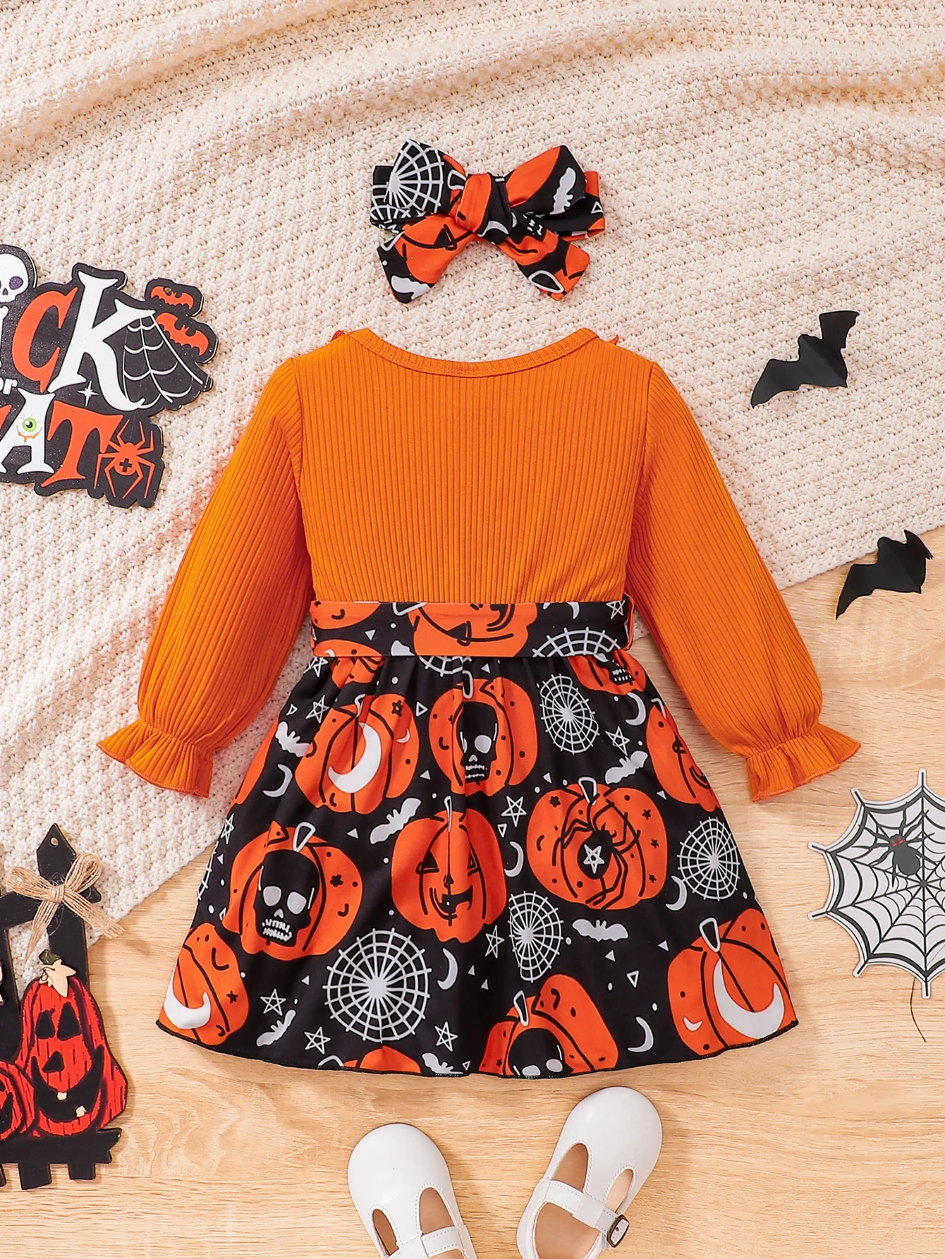 Girls  Dress  Round Neck  Lotus Leaf Horn  Long Sleeved Spider Web  Pumpkin Short Skirt  Halloween Christmas Program New Style