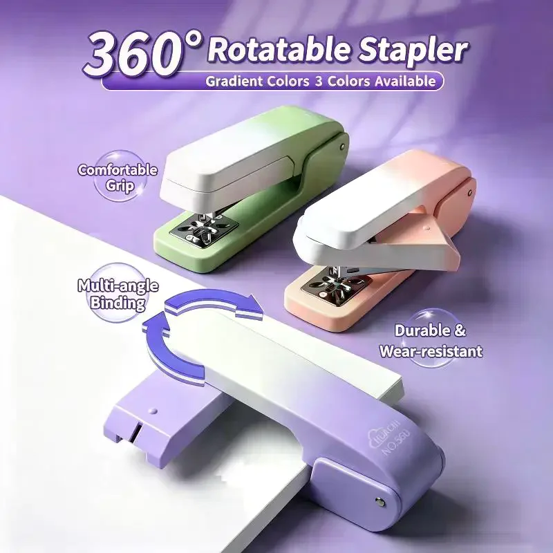 360 Degree Rotatable Stapler With Gradient Color Comfortable Grip Perfect For School Office Students Daily Document Binding