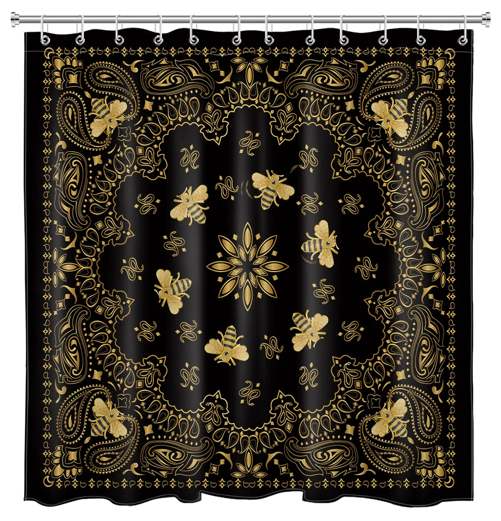 Antique Shower Curtain,Victorian Style Medieval Motifs with Classic Baroque Oriental Shapes,Cloth Fabric Bathroom Set with Hooks