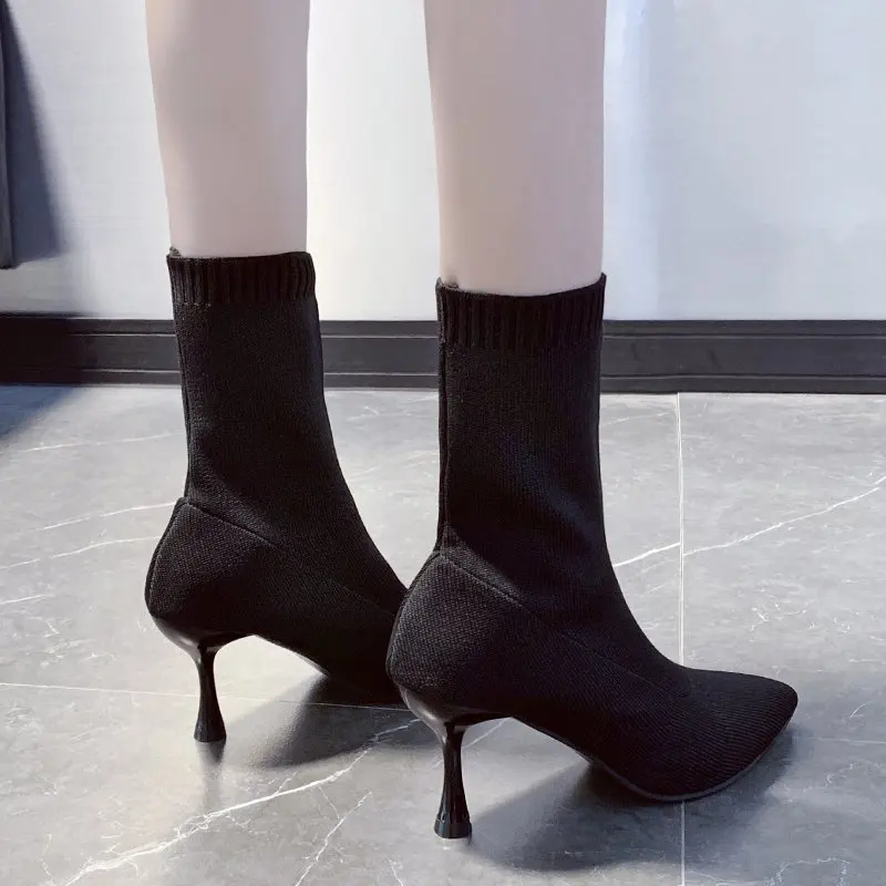 Socks Short Boots Women High Quality Solid Knitting Boots Stretch Sock Mid-calf Botas Party High Heels Sexy Ankle Boots Women