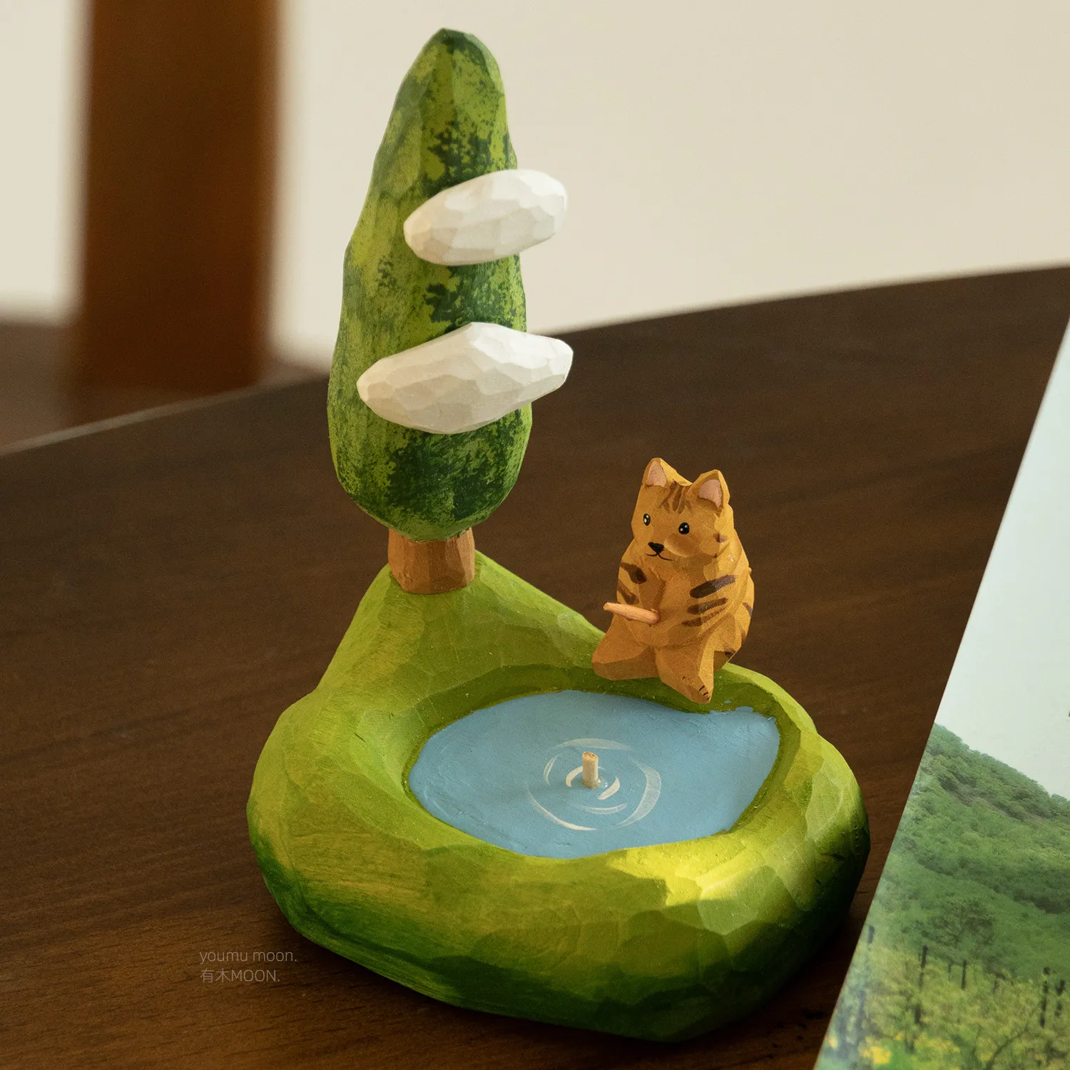Fishing Cat Lake Wooden Carving Pure Handmade Healing Landscape Home Desktop Decoration Crafts