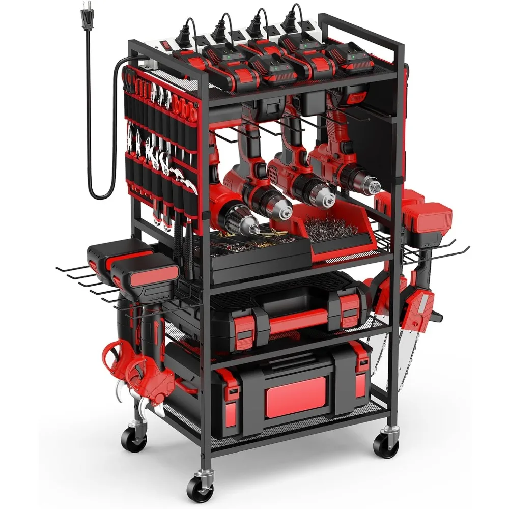 

Garage Large Power Tool Organizer Cart with 20A Charging Station Heavy Duty Drill Battery Holder Rolling Storage Rack on