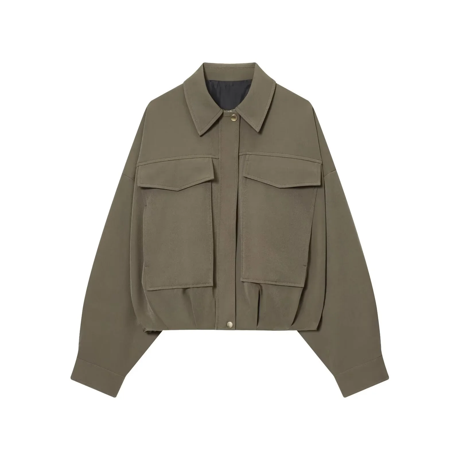 

2025 Winter New Women's Lapel Long-Sleeved Casual Fashion Simple Pleated Hem Lapel Long-Sleeved Bomber Jacket