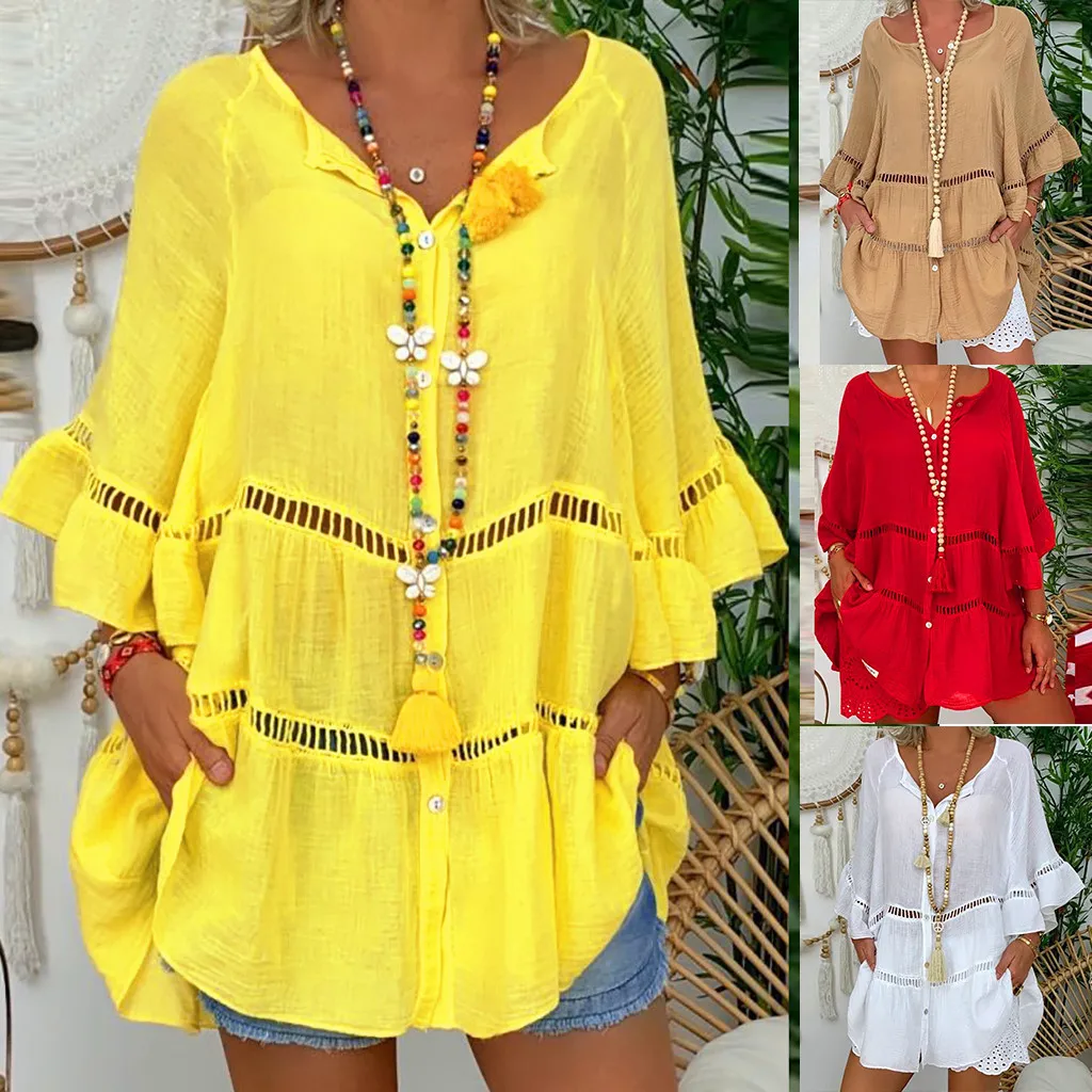 Sexy Yellow Loose Hollow Out Dress Summer V Neck Long Sleeve Cotton Linen Baggy Party Dresses Oversized S-5XL ARJ-138Y