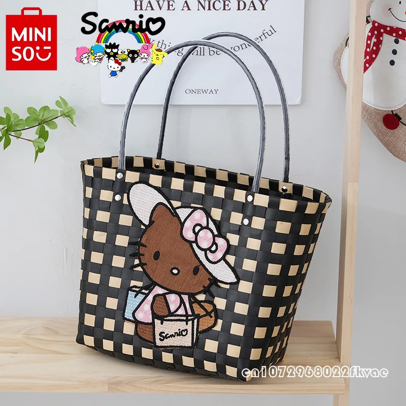 HelloKitty New Women\'s Woven Bag Fashionable High Quality PVC Women\'s Handbag Cartoon Large Capacity Multi Functional Beach Bag