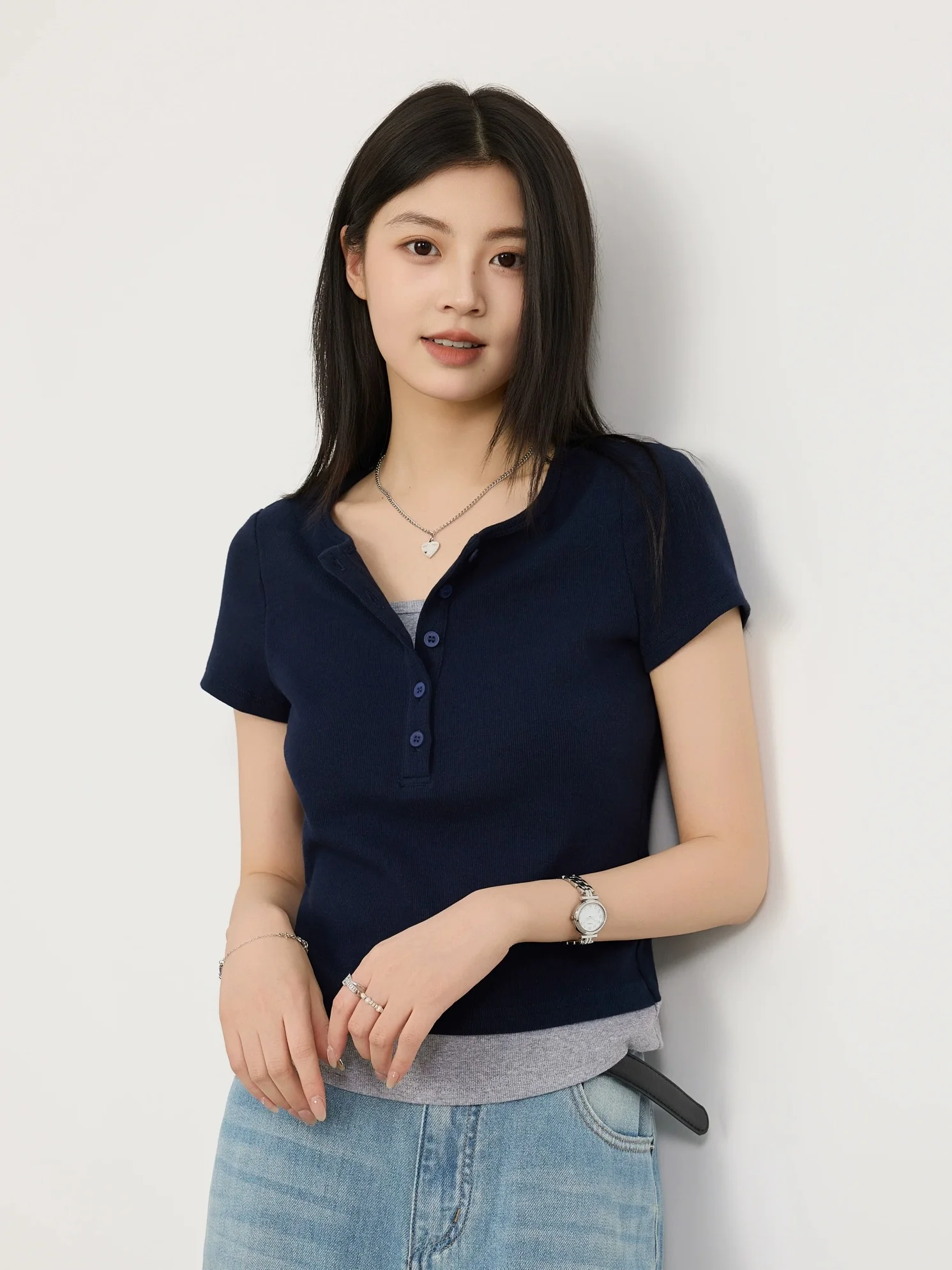 Summer New Style Women's Short Sleeve T-shirt 95 Cotton Henry Collar Big Size Fat MM All Match Shoulder Top Casual Wear