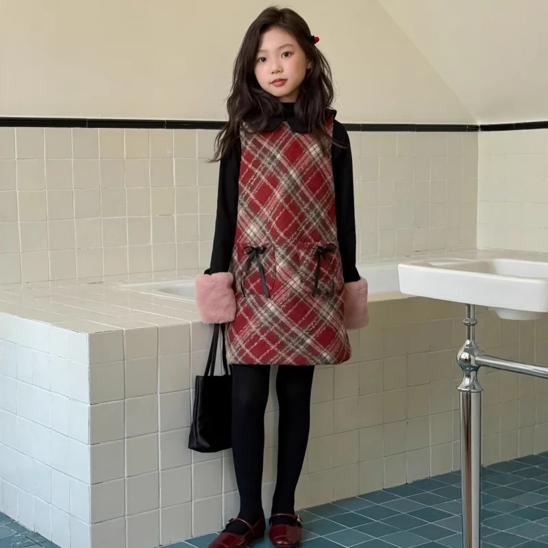 

Children shirt2025Winter Girls Sleeveless Vest Princess Dress Baby Girl Red Plaid Cotton Woolen Dress